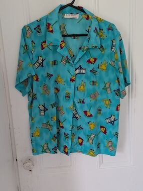 Men’s Turquoise Short-Sleeve Beach Print Button-Down Shirt